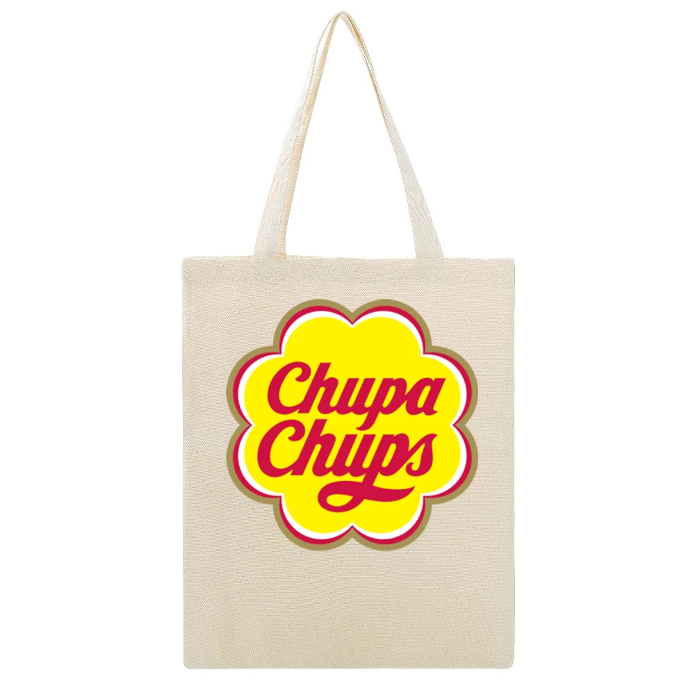 Chupa Chups Lollipop Candy Logo Beige Canvas Tote Shopping Bag