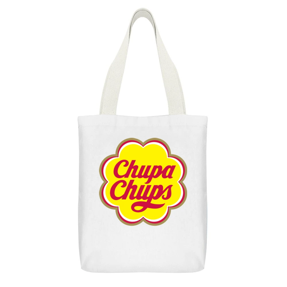 Chupa Chups Lollipop Candy Logo White Canvas Tote Shopping Bag With Interior Pocket