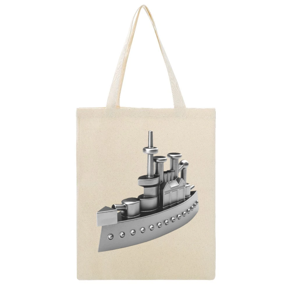 Classic Battleship Monopoly Token Game Piece Fun Cool Graphic Tee Shir Beige Canvas Tote Shopping Bag