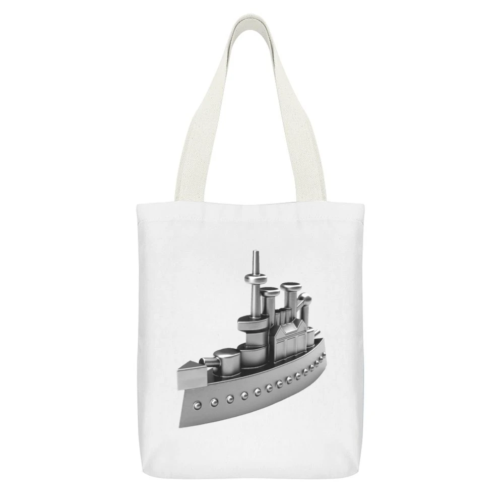 Classic Battleship Monopoly Token Game Piece Fun Cool Graphic Tee Shir White Canvas Tote Shopping Bag With Interior Pocket