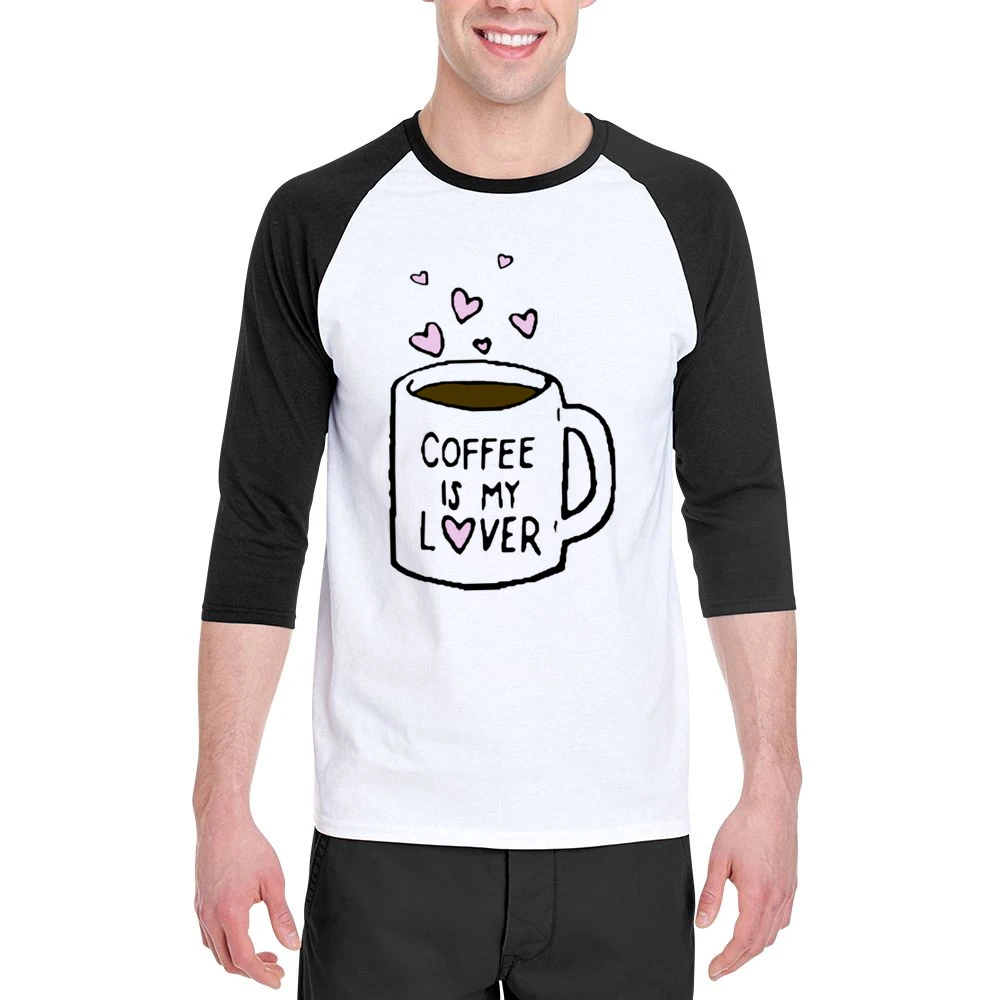 Coffee Is My Lover Fun Mug Hearts Graphic Tee Shirt Men 3/4 Sleeve T-Shirt