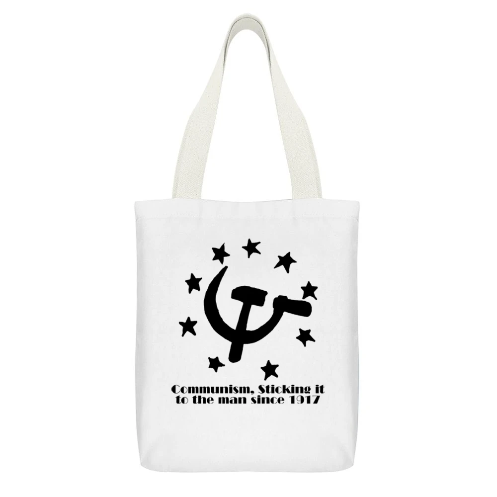Communism Sticking it to The Man Funny Joke White Canvas Tote Shopping Bag With Interior Pocket