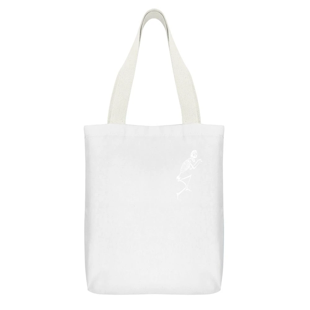 Crawling Skeleton Fun Grunge Graphic Tee Shirt White Canvas Tote Shopping Bag With Interior Pocket