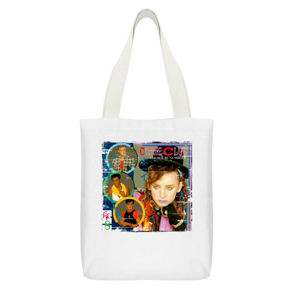 Culture Club Colour By Numbers Album Cover Distressed Image White Canvas Tote Shopping Bag With Interior Pocket