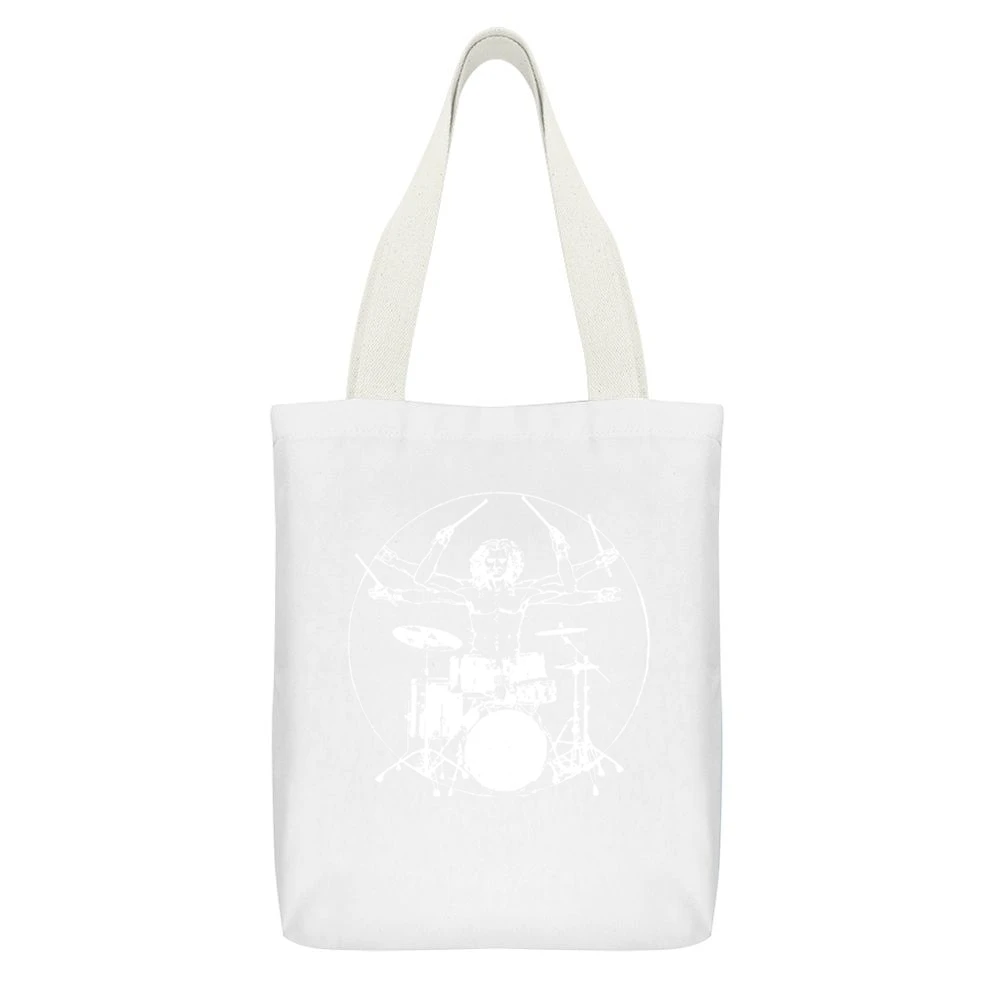 Da Vinci Theory Rock N Roll Drummer Fun Drum White Canvas Tote Shopping Bag With Interior Pocket