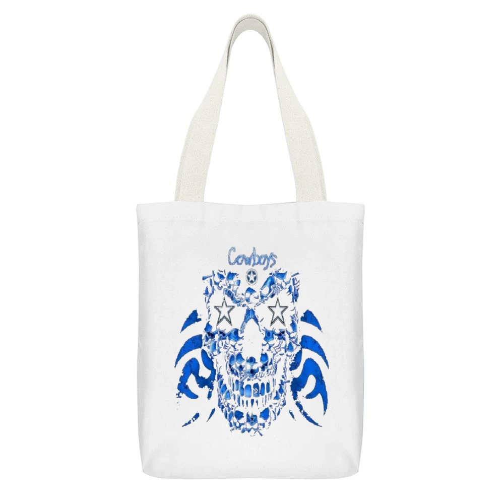 Dallas Cowboys Skull Nfl Tshirt White Canvas Tote Shopping Bag With Interior Pocket