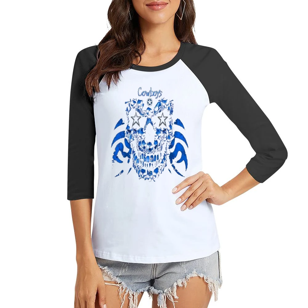 Dallas Cowboys Skull Nfl Tshirt Women Ladies 3-4 Sleeve T-Shirt