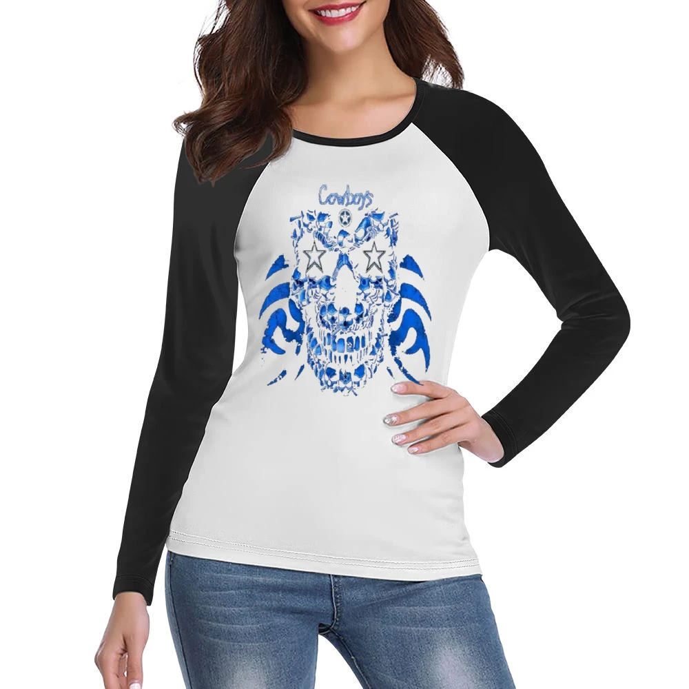 Dallas Cowboys Skull Nfl Tshirt Women Ladies Long Sleeve T-Shirt