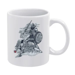 David versus Goliath Angry birds edition funny parody White Mug