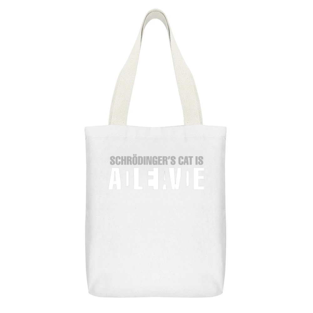 Dead and Alive Erwin Schrodinger's cat White Canvas Tote Shopping Bag With Interior Pocket