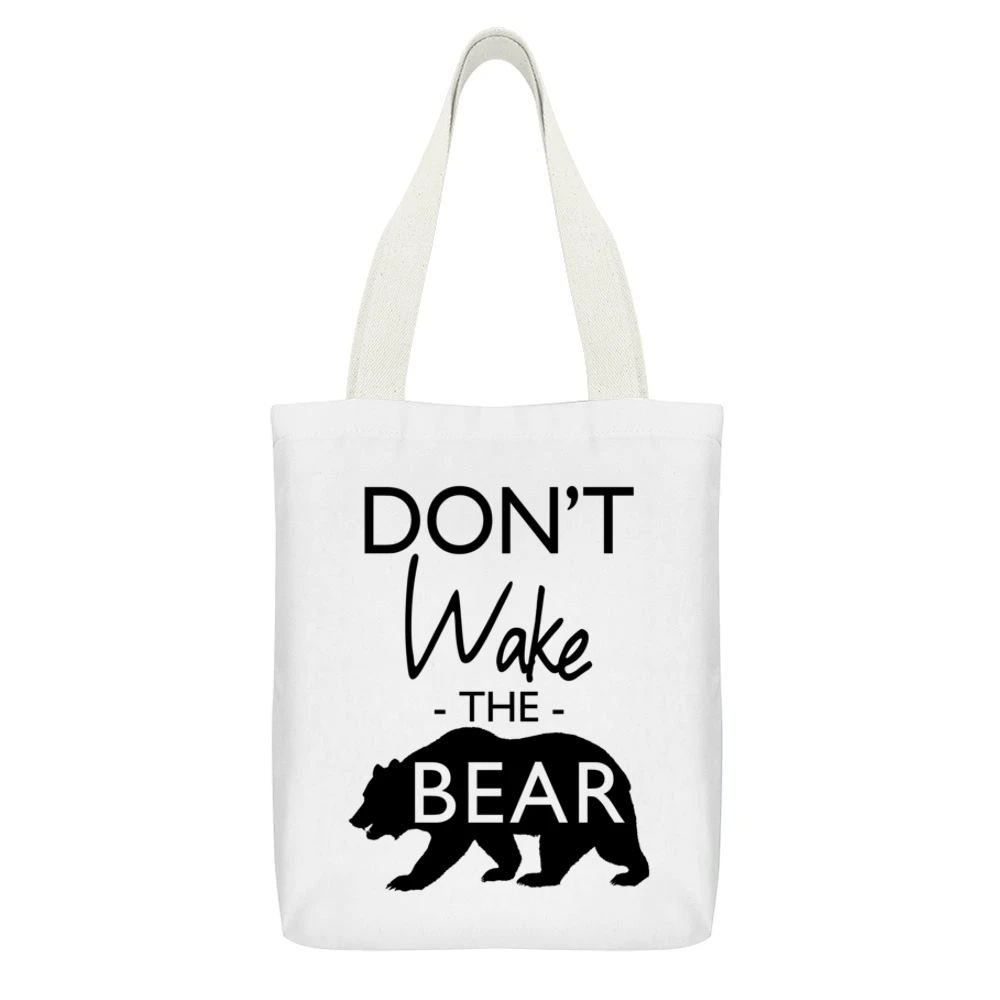 Dont Wake The Bear Funny Sleep Lover Graphic White Canvas Tote Shopping Bag With Interior Pocket