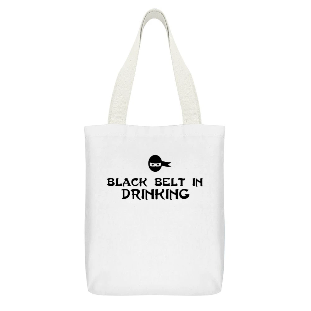Drinking Black Belt Tshirt White Canvas Tote Shopping Bag With Interior Pocket