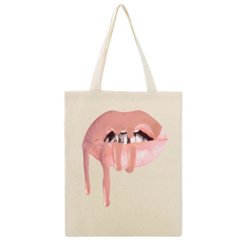 Dripping Lips Popular Lipstick Makeup Graphic Celebrity Tee Shirt Beige Canvas Tote Shopping Bag