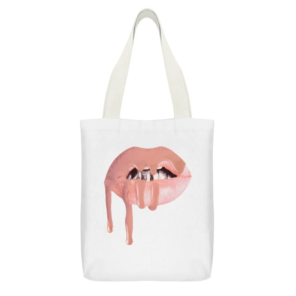 Dripping Lips Popular Lipstick Makeup Graphic Celebrity Tee Shirt White Canvas Tote Shopping Bag With Interior Pocket