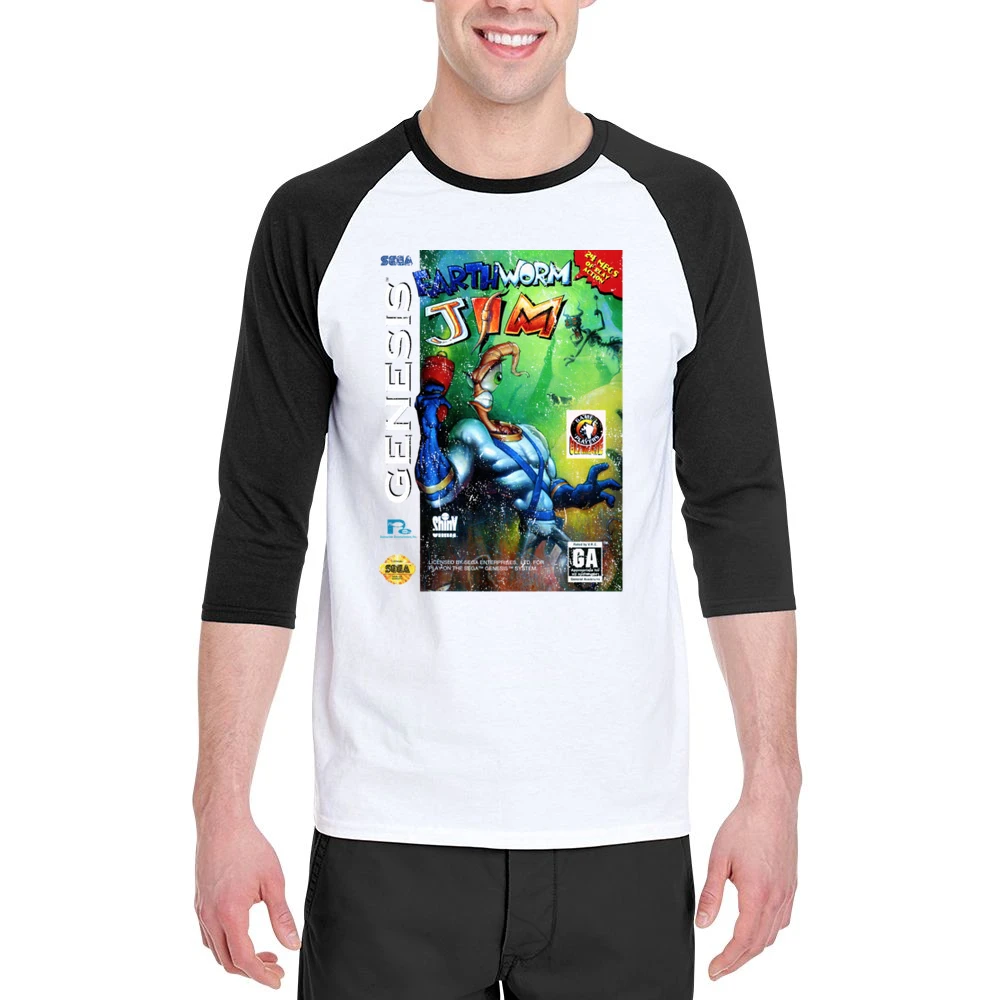 Earthworm Jim Sega Genesis Old School Retro Video Game Fan Distressed Men 3/4 Sleeve T-Shirt