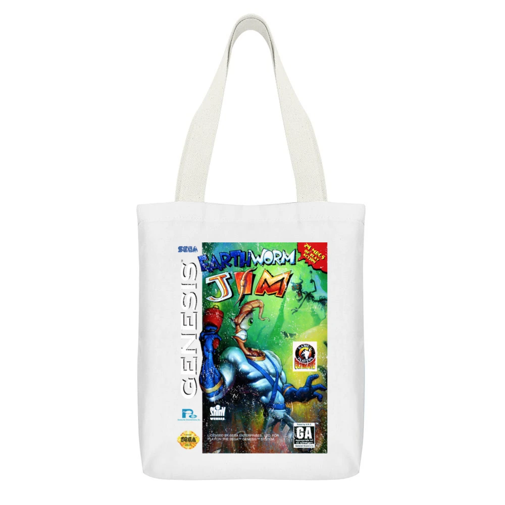 Earthworm Jim Sega Genesis Old School Retro Video Game Fan Distressed White Canvas Tote Shopping Bag With Interior Pocket