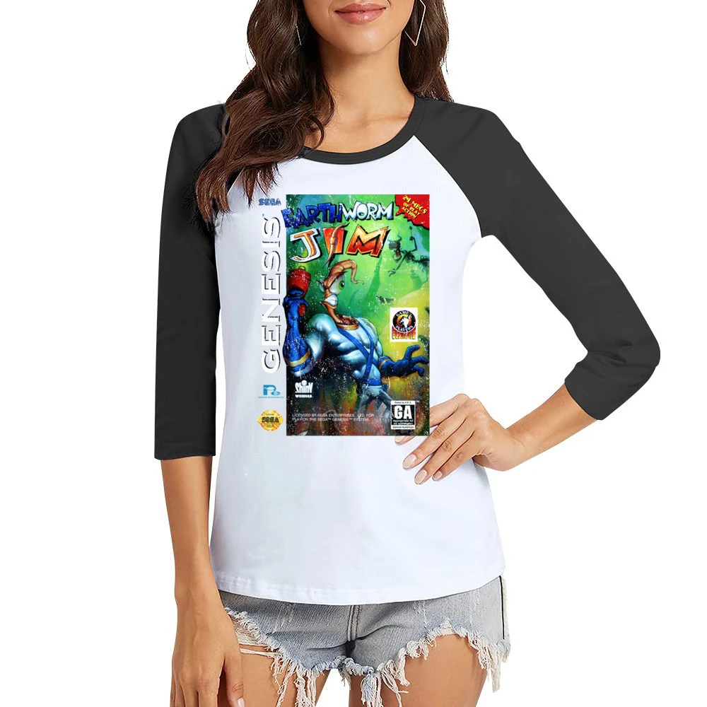 Earthworm Jim Sega Genesis Old School Retro Video Game Fan Distressed Women Ladies 3-4 Sleeve T-Shirt