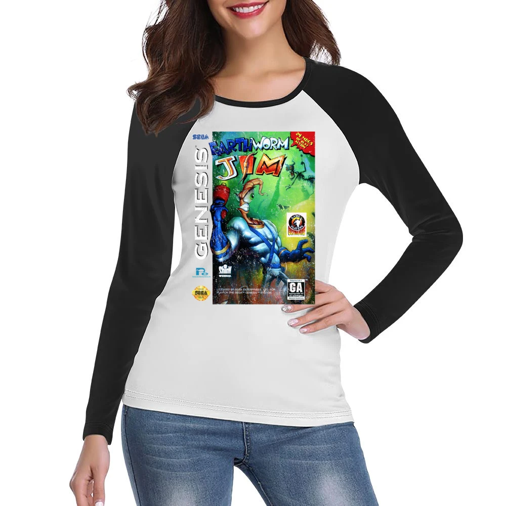 Earthworm Jim Sega Genesis Old School Retro Video Game Fan Distressed Women Ladies Long Sleeve T-Shirt