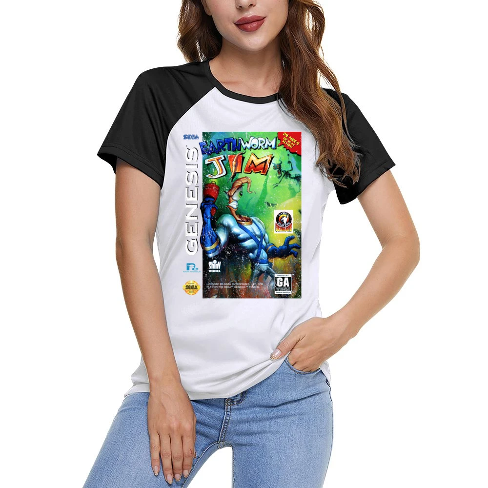 Earthworm Jim Sega Genesis Old School Retro Video Game Fan Distressed Women Ladies Short Sleeve T-Shirt
