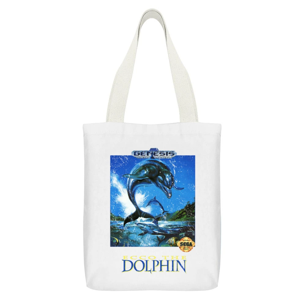 Ecco The Dolphin Sega Genesis Old School Retro Video Game Fan Distress White Canvas Tote Shopping Bag With Interior Pocket