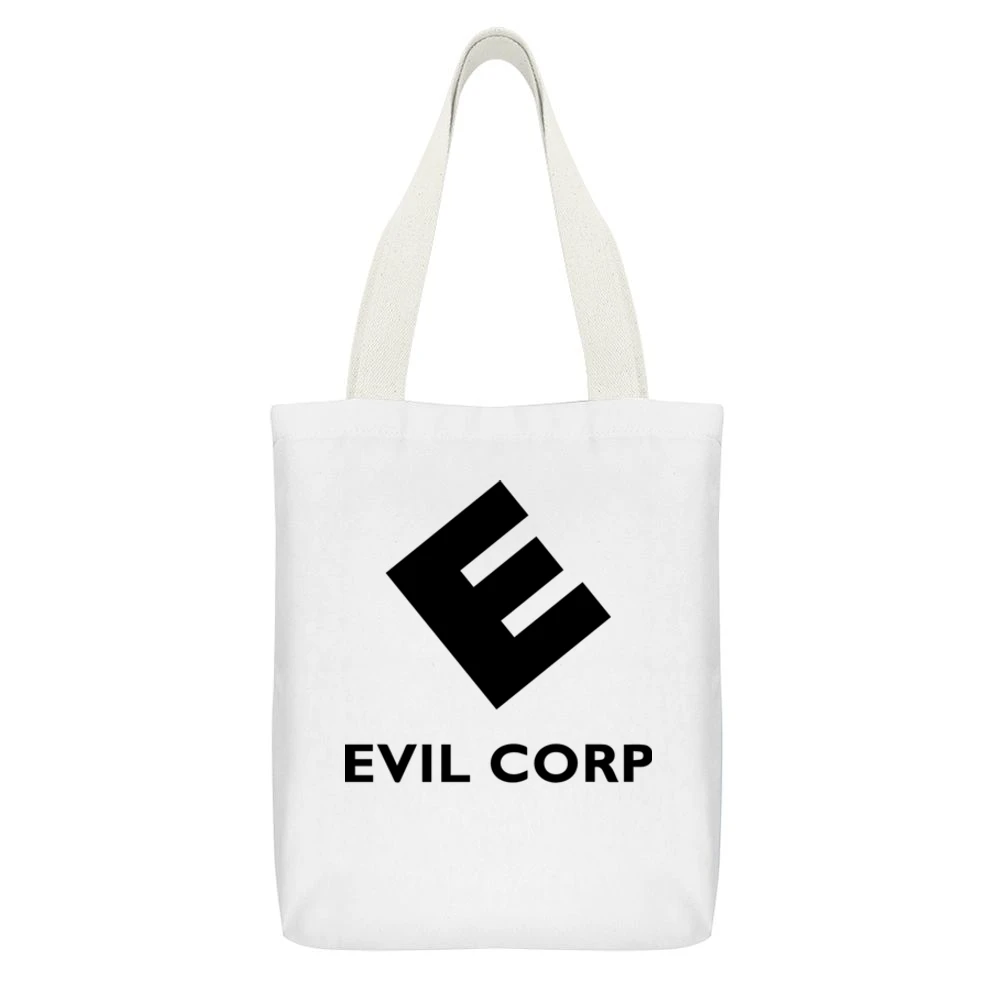 Evil Corp Mr Robot Science Fiction Tv Show Fan Black Logo White Canvas Tote Shopping Bag With Interior Pocket