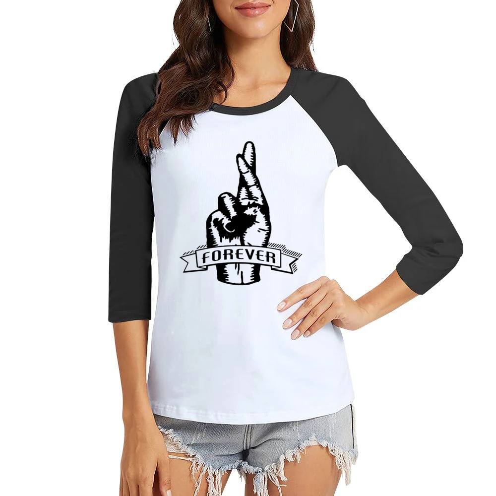 Fingers Crossed Forever Fun Sketched Graphic Tee Shirt Women Ladies 3-4 Sleeve T-Shirt