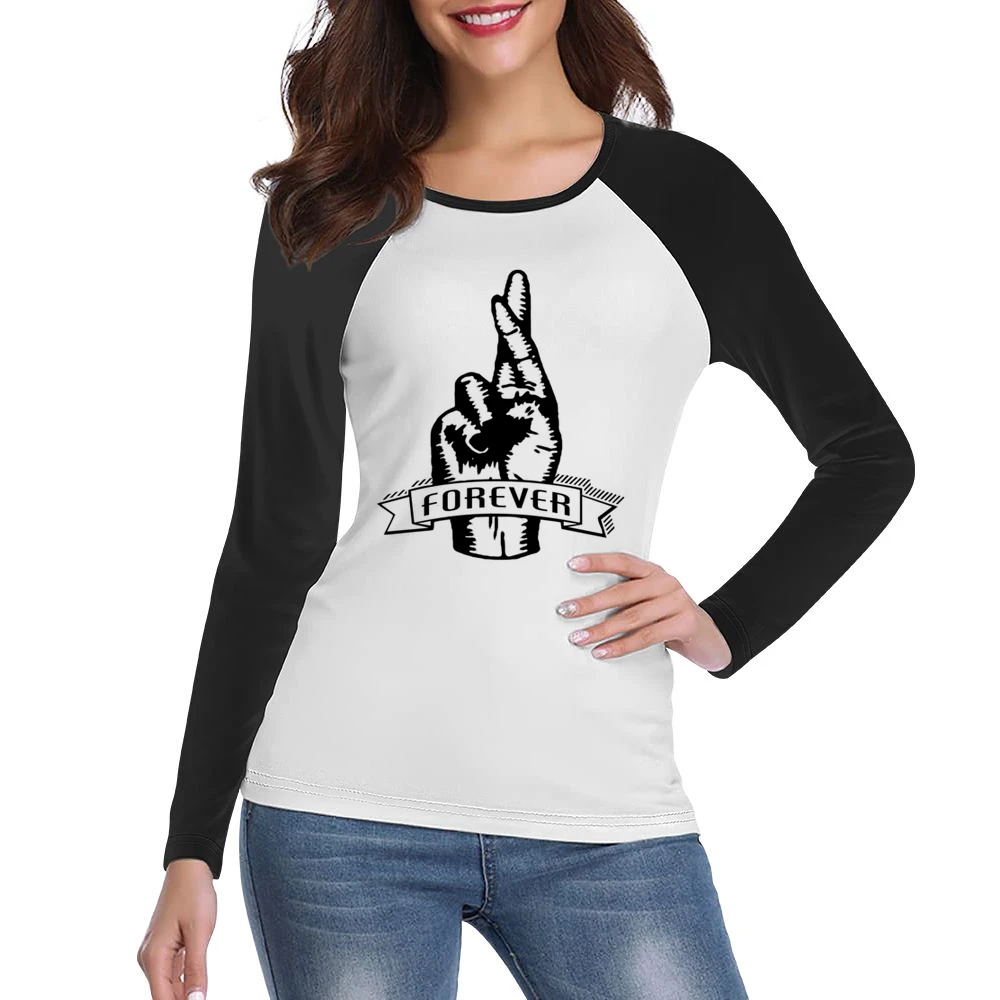 Fingers Crossed Forever Fun Sketched Graphic Tee Shirt Women Ladies Long Sleeve T-Shirt