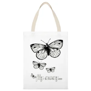 Fly Away Butterflies Cute Graphic Tee Shirt White Canvas Tote Shopping Bag