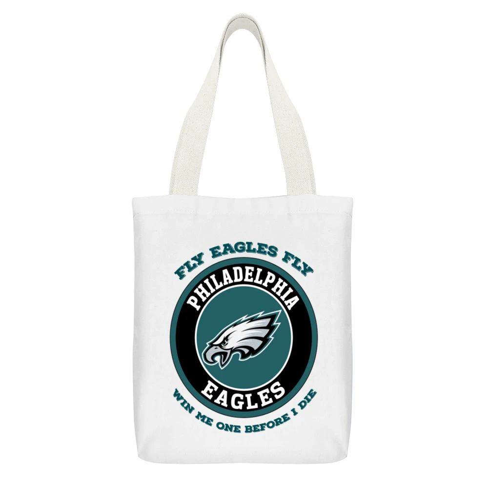 Fly Eagles Fly Win Me One Before I Die Philedelphia Football White Canvas Tote Shopping Bag With Interior Pocket