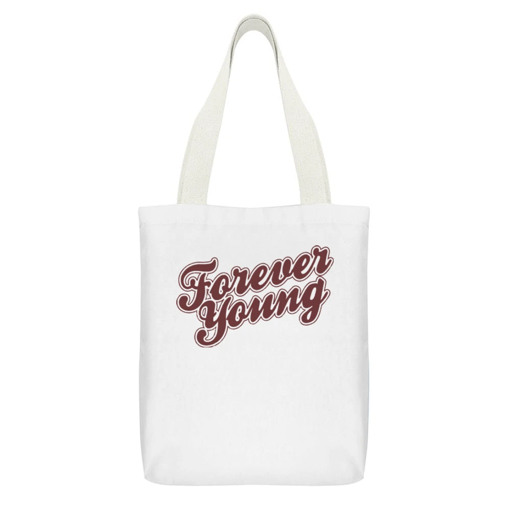 Forever Young Retro Music 80s White Canvas Tote Shopping Bag With Interior Pocket