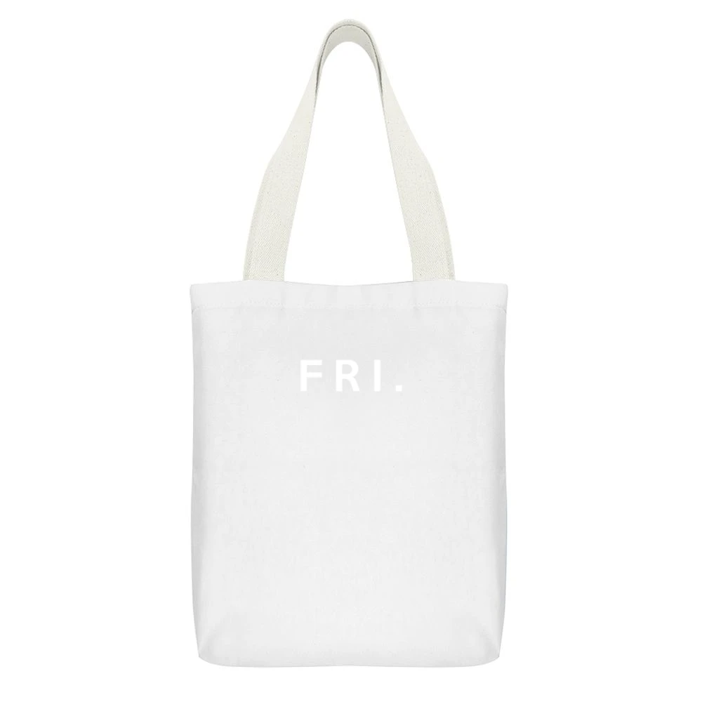 Friday Fun Short Form Days Of The Week Popular Graphic White Canvas Tote Shopping Bag With Interior Pocket
