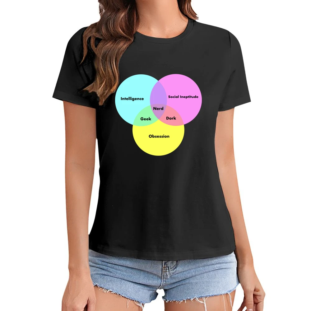 Funny Venn Diagram Nerd Dork Geek social ineptitude intelligence and o Asian Size Women Ladies T-shirt