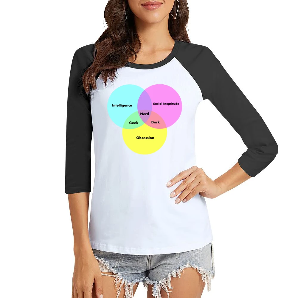 Funny Venn Diagram Nerd Dork Geek social ineptitude intelligence and o Women Ladies 3-4 Sleeve T-Shirt
