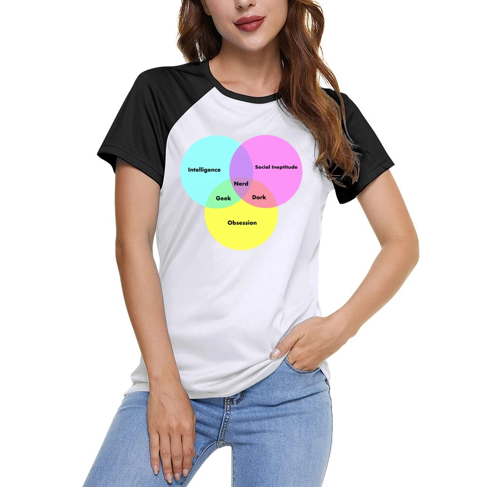 Funny Venn Diagram Nerd Dork Geek social ineptitude intelligence and o Women Ladies Short Sleeve T-Shirt