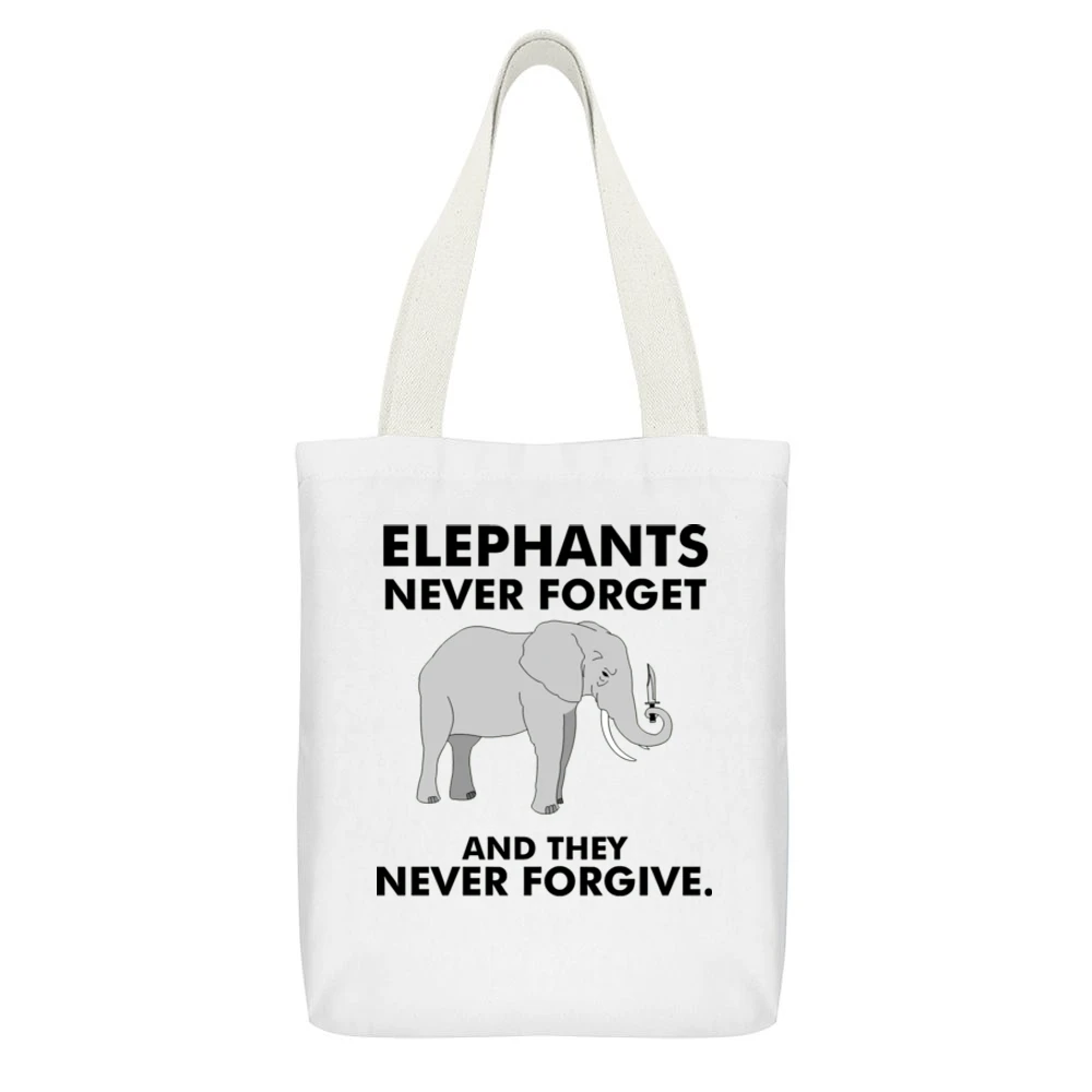 Funny elephan with knife - they never forget and they never forgive T White Canvas Tote Shopping Bag With Interior Pocket