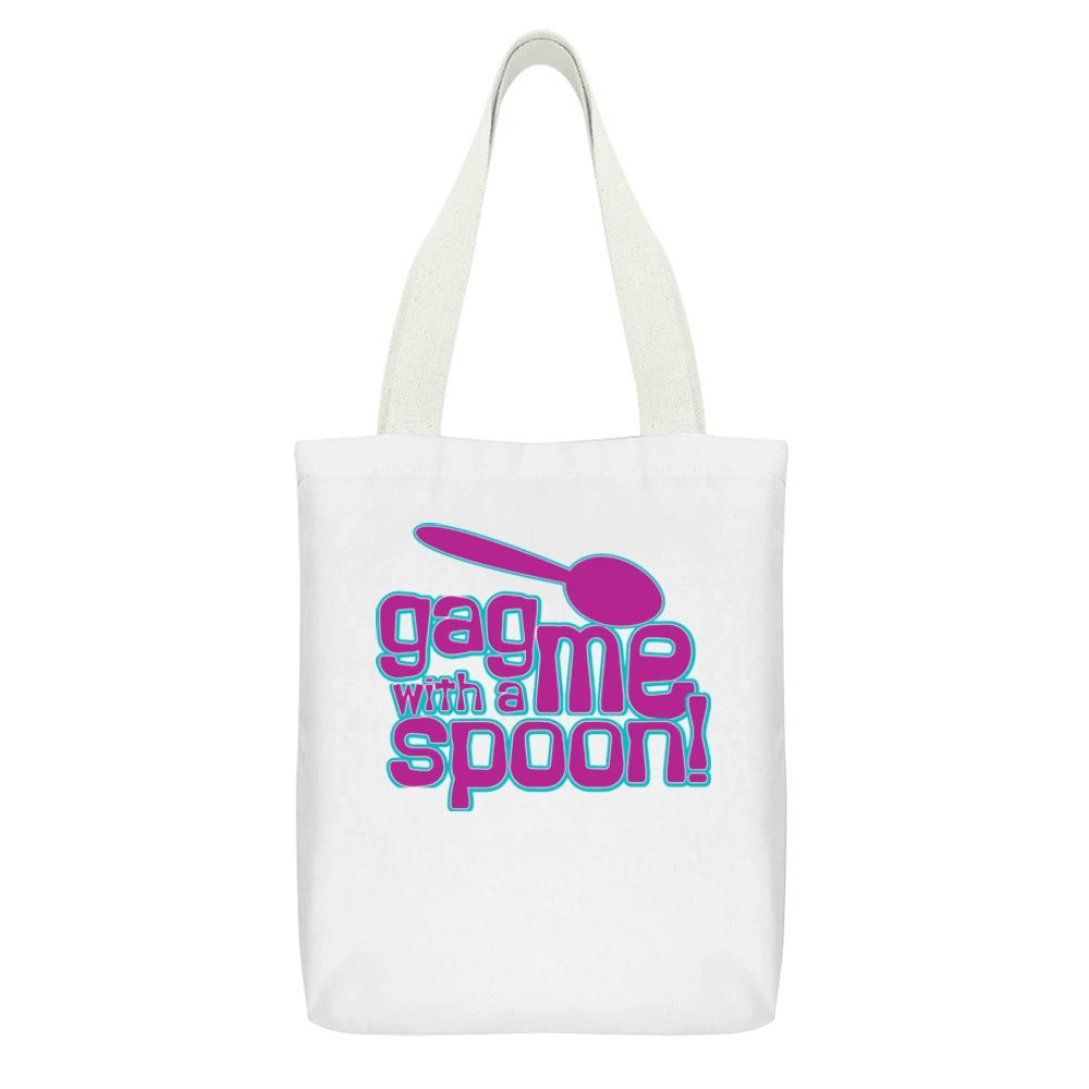 Gag Me With a Spoon Funny Retro 80s Joke White Canvas Tote Shopping Bag With Interior Pocket