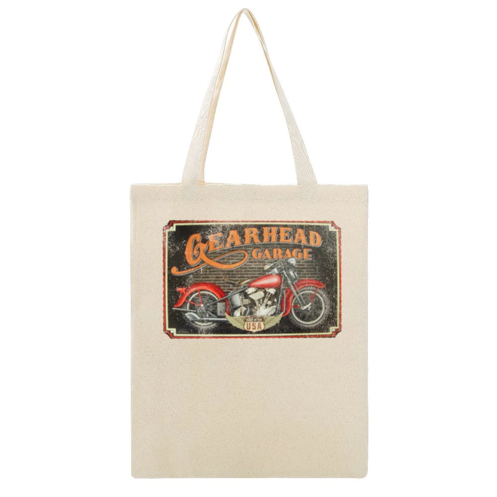 Gearhead Garage Vintage USA Motorcycle Distressed Graphic Beige Canvas Tote Shopping Bag