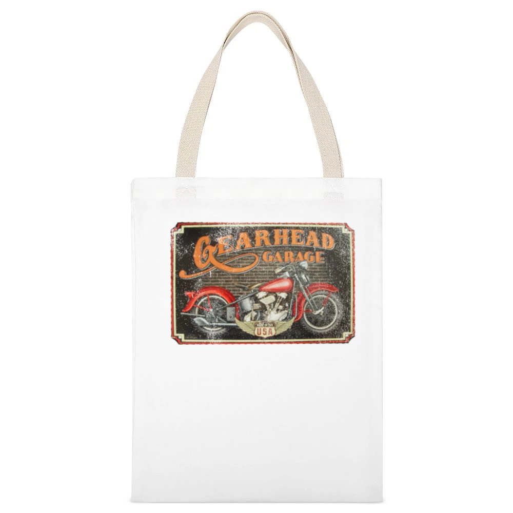 Gearhead Garage Vintage USA Motorcycle Distressed Graphic White Canvas Tote Shopping Bag