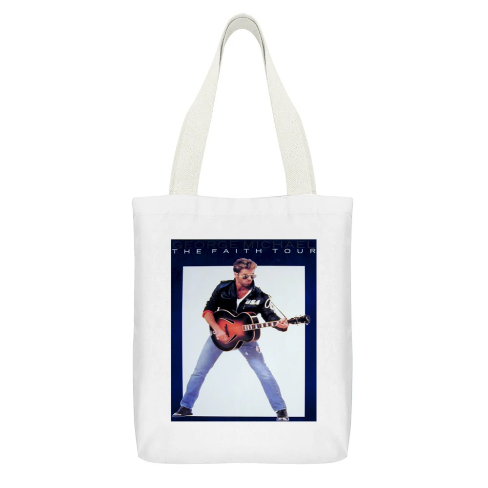 George Micheals Faith Tour Tee White Canvas Tote Shopping Bag With Interior Pocket