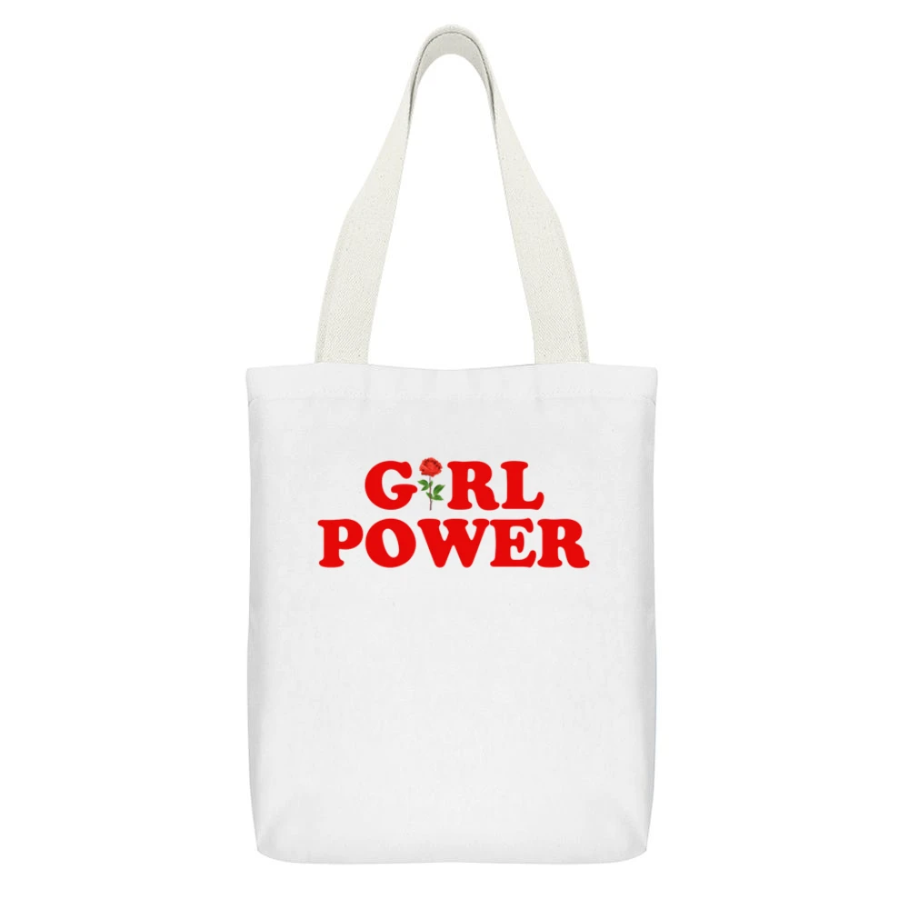 Girl Power Rose Fun Popular Retro Graphic Blogger White Canvas Tote Shopping Bag With Interior Pocket