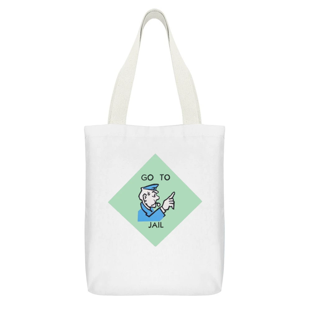 Go To Jail Funny Classic Monopoly Game Board Graphic Retro Tee Shirt White Canvas Tote Shopping Bag With Interior Pocket