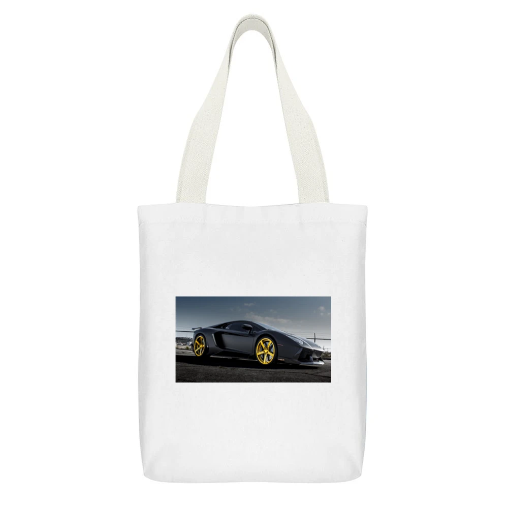 Gold Rims Lamborghini tshirt White Canvas Tote Shopping Bag With Interior Pocket