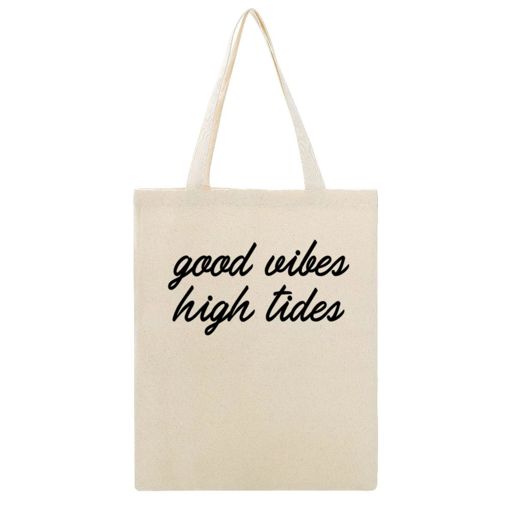 Good Vibes High Tides Graphic Fashion Tee Beige Canvas Tote Shopping Bag