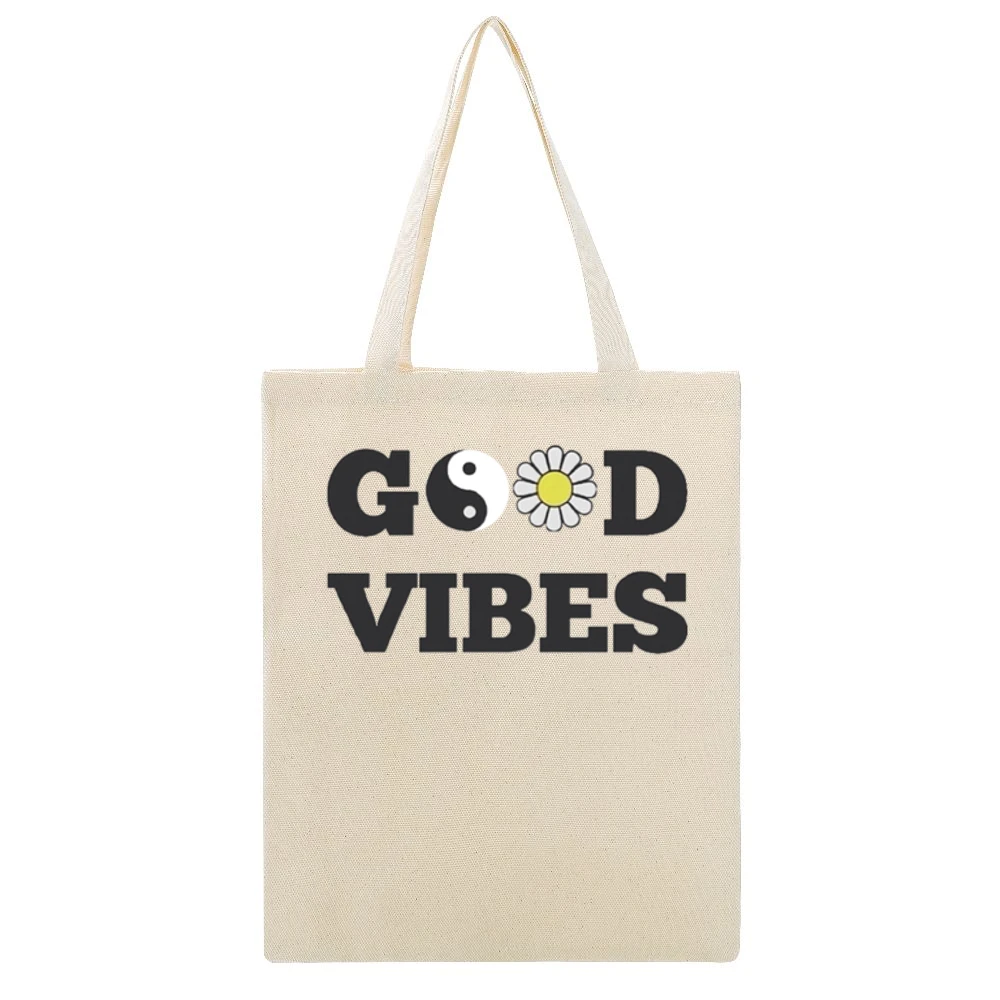 Good Vibes Peace Flower Graphic Tee Shirt Beige Canvas Tote Shopping Bag