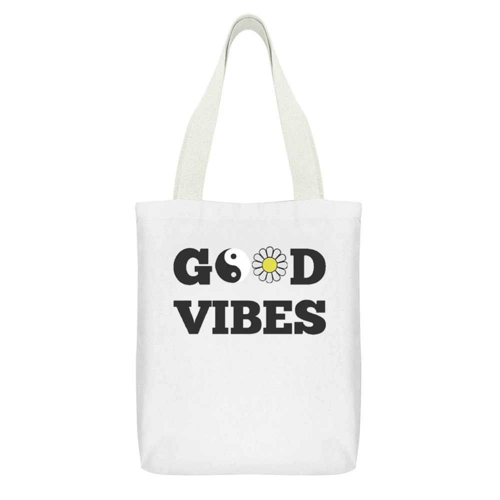Good Vibes Peace Flower Graphic Tee Shirt White Canvas Tote Shopping Bag With Interior Pocket