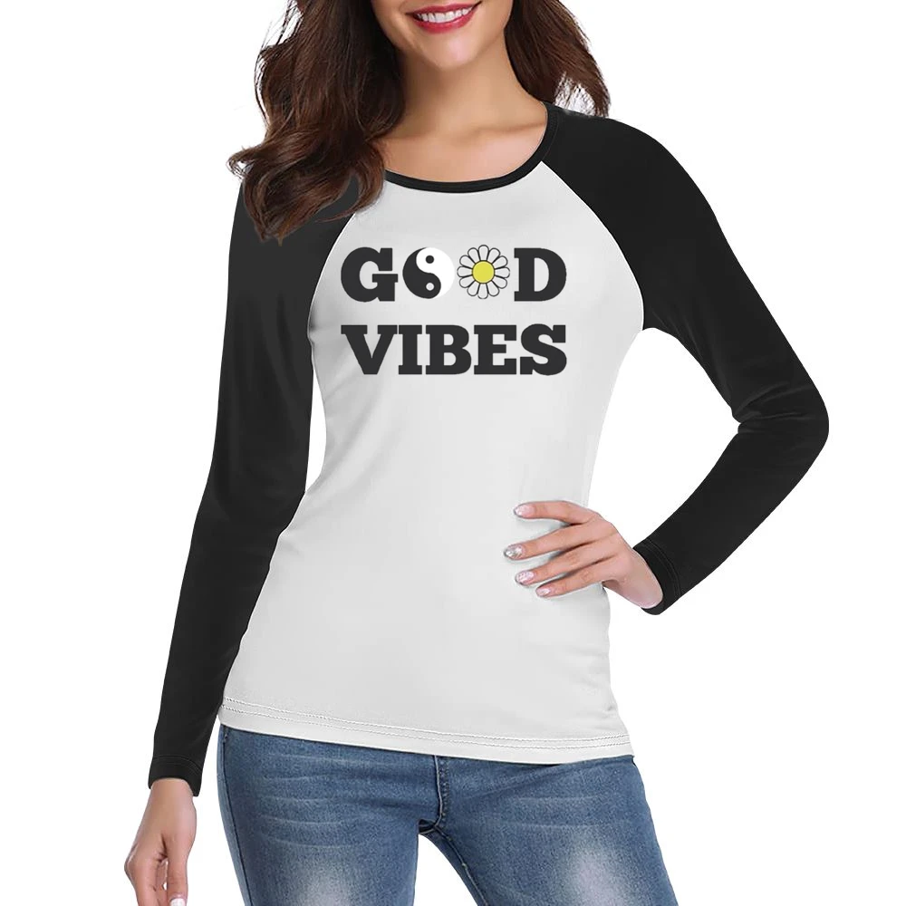 Good Vibes Peace Flower Graphic Tee Shirt Women Ladies Long Sleeve T-Shirt