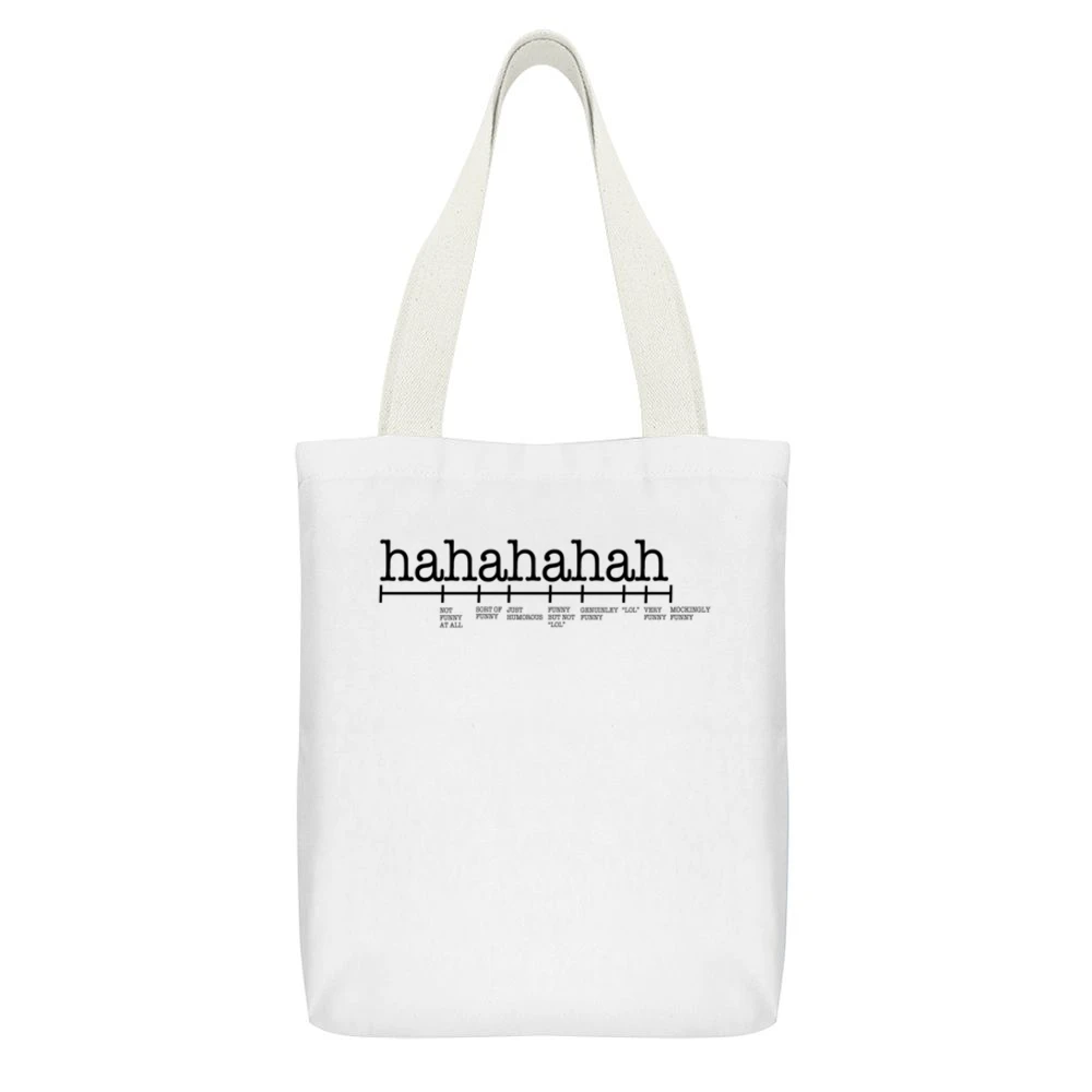 Haha Scale Of Funny Lol Text Meanings Fun Graphic Tee Shirt White Canvas Tote Shopping Bag With Interior Pocket