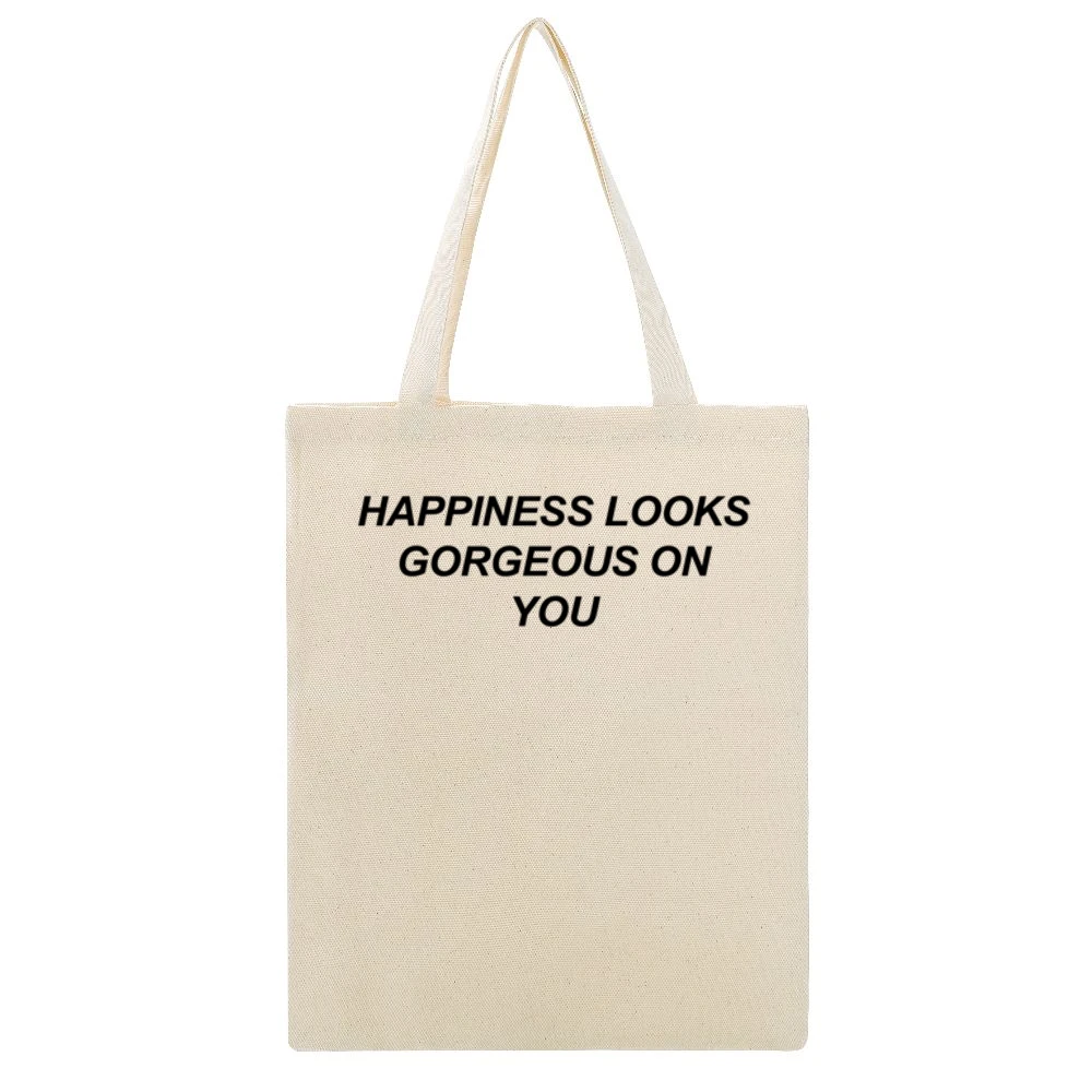 Happiness Looks Gorgeous On You Fun Popular Love Graphic Beige Canvas Tote Shopping Bag