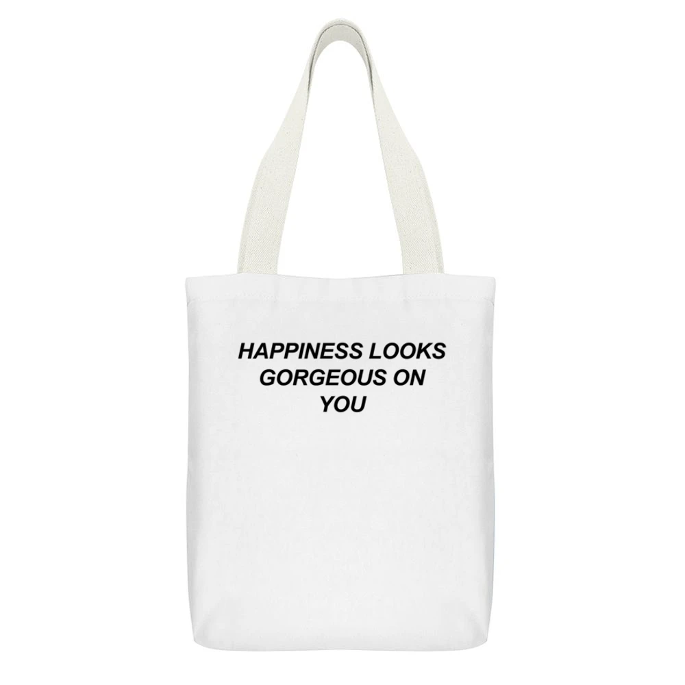 Happiness Looks Gorgeous On You Fun Popular Love Graphic White Canvas Tote Shopping Bag With Interior Pocket