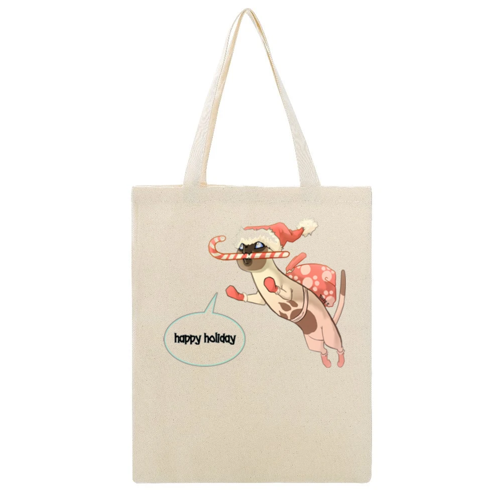 Happy Holiday Cat Cartoon Beige Canvas Tote Shopping Bag